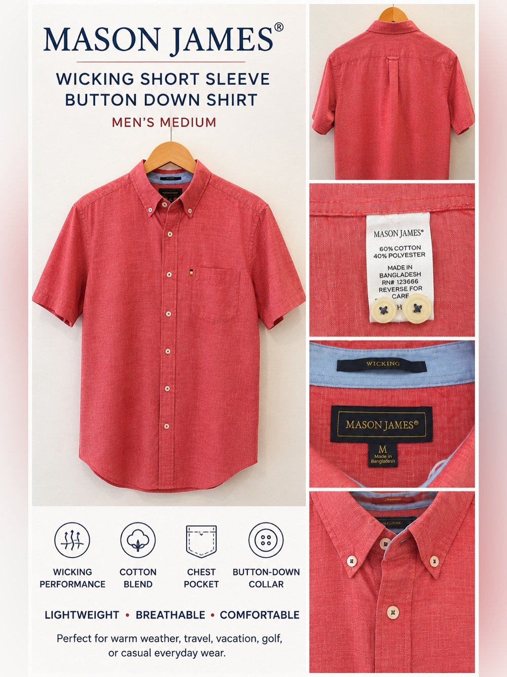 Mason James Wicking Men’s Medium Coral Red Short Sleeve Button Down Shirt